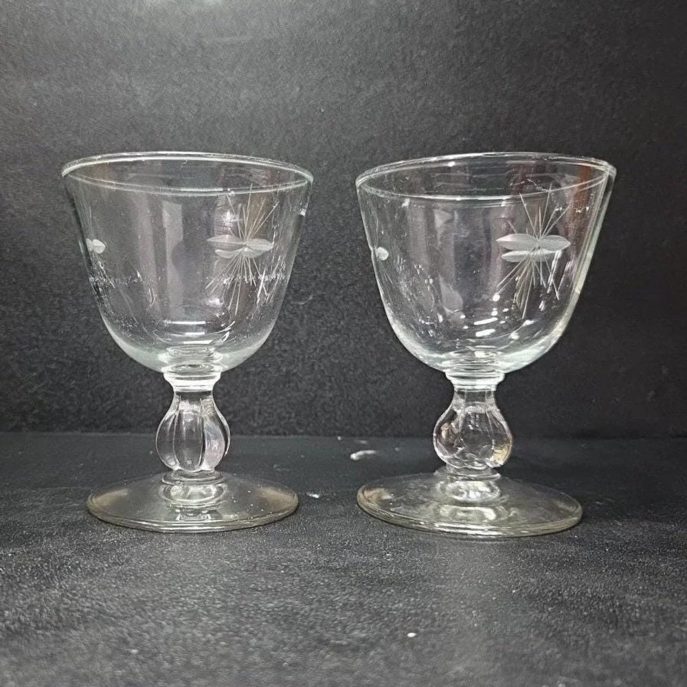 Libbey Rock Sharpe Starglow Cocktail Goblets, Set Of 2,‎ Etched Glassware, #8900
